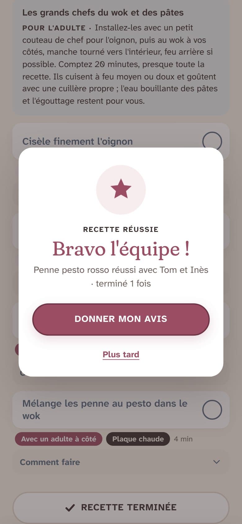 L'écran « Bravo l'équipe ! » à la fin d'une recette.