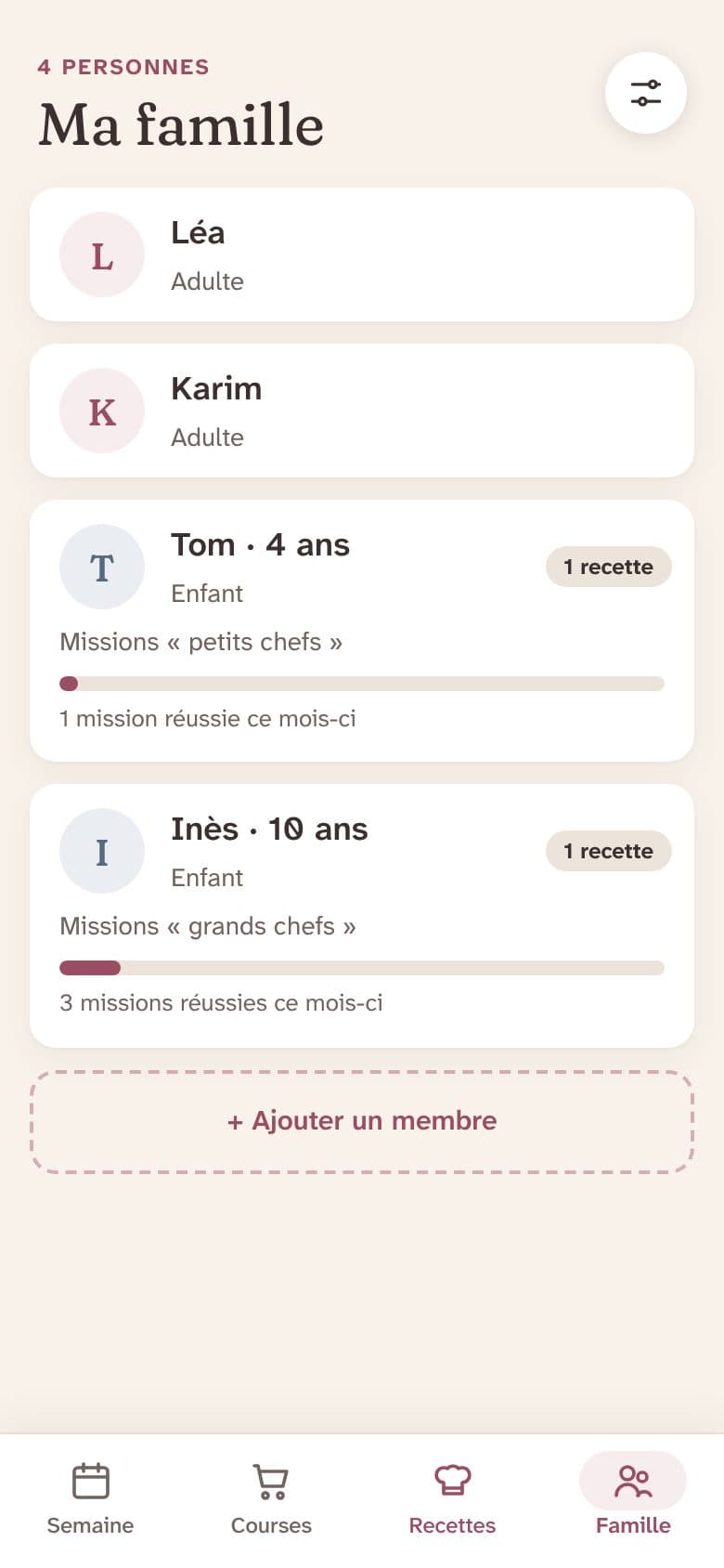 La page Ma famille : les missions réussies par Tom et Inès ce mois-ci.