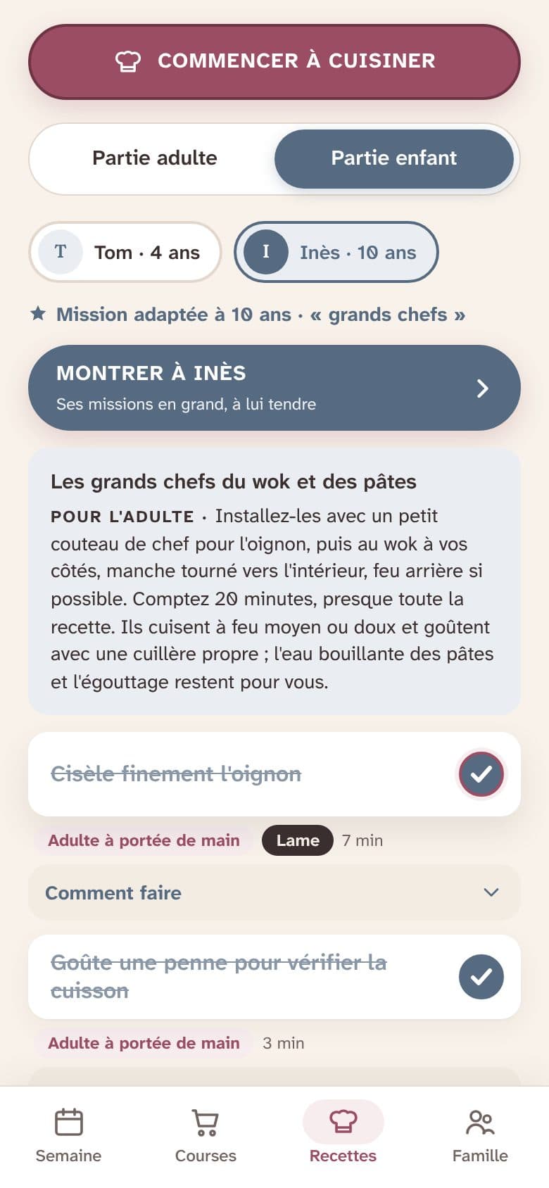 La partie enfant d'une recette dans Cless Cook : les missions de Tom, 4 ans, et d'Inès, 10 ans, à cocher.