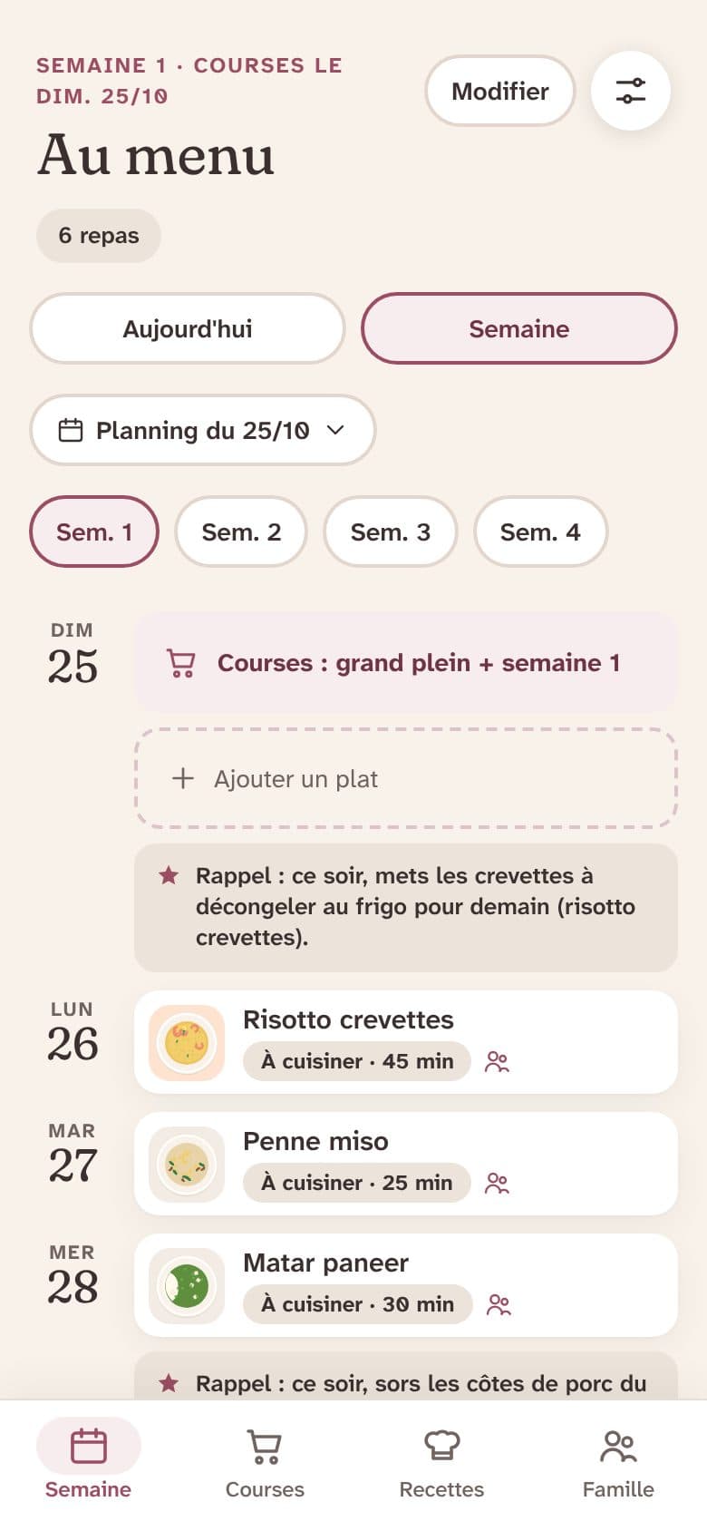 Le menu de la semaine dans Cless Cook, jour par jour, avec un rappel de décongélation.